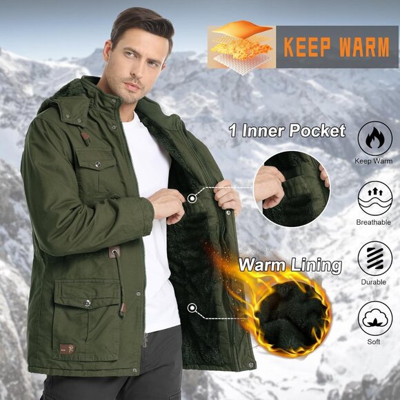 Mens Army Green Thick Winter Jacket Hooded Fleece Lined Cotton Military Coat - Picture 2 of 6